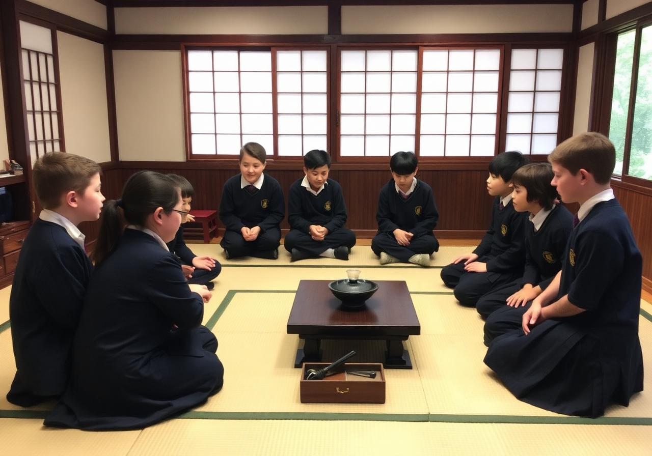 Students taking part in a tea ceremony