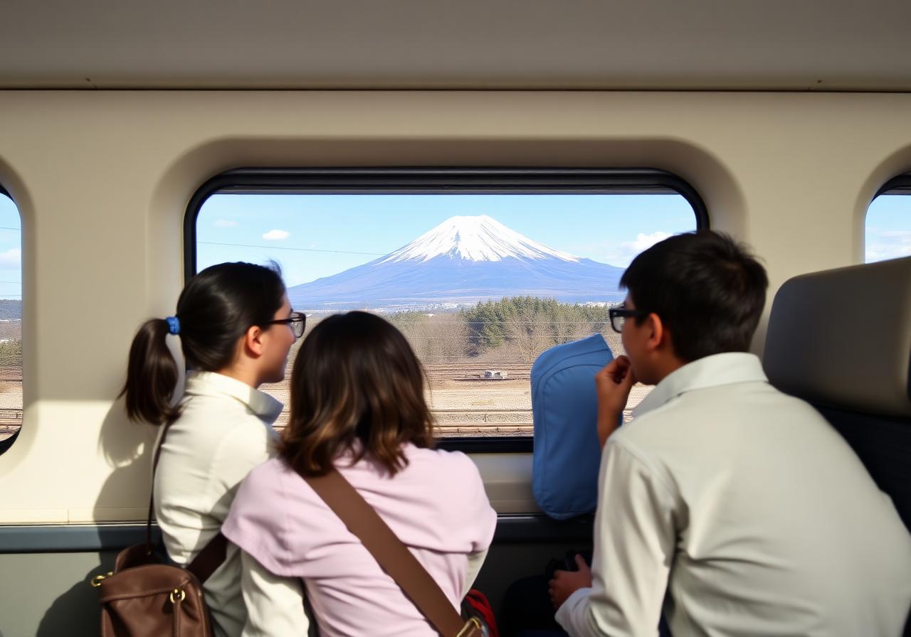 Students viewing Mount Fuji from the shinkansen